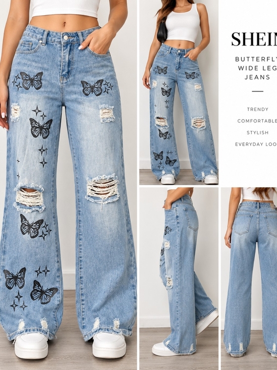 SHEIN Denim - SHEIN Women’s Size S Light Wash Butterfly Graphic Ripped Wide Leg Y2K Jeans